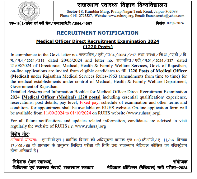 Rajasthan Medical Officer Vacancy 2024